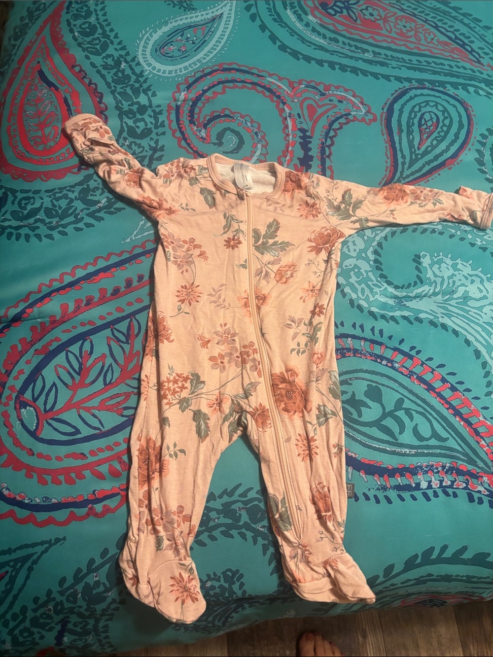 Peach Floral Zip-Front Footed Baby Pajamas